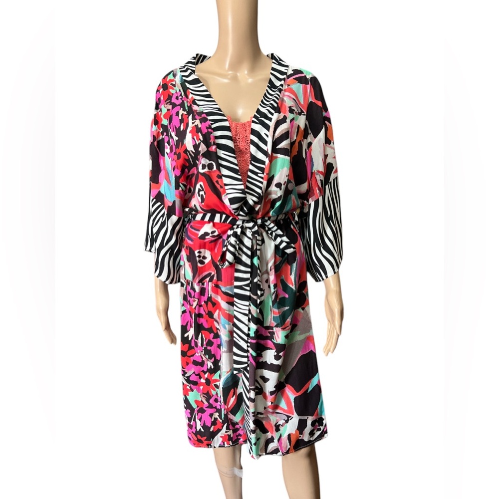 Anna & AVA O/S Wrap Dress Abstract Floral Zebra Print Kimono Sleeves